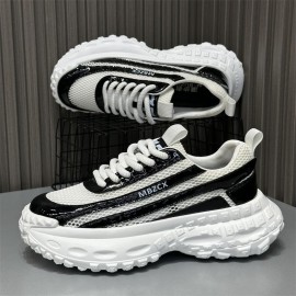 Men'S Breathable Mesh Fabric Sneakers - Lightweight, Comfortable Low-Top Dad Shoes with Thick Rubber Sole for Summer Casual Wear, White & Black Design, Breathable Shoes | Stylish Dad Shoes | Comfortable Footwear