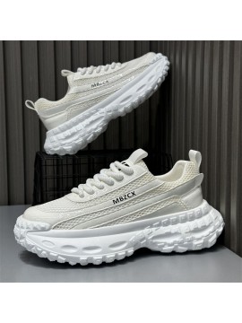 Men'S Breathable Mesh Fabric Sneakers - Lightweight, Comfortable Low-Top Dad Shoes with Thick Rubber Sole for Summer Casual Wear, White & Black Design, Breathable Shoes | Stylish Dad Shoes | Comfortable Footwear