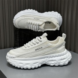 Men'S Breathable Mesh Fabric Sneakers - Lightweight, Comfortable Low-Top Dad Shoes with Thick Rubber Sole for Summer Casual Wear, White & Black Design, Breathable Shoes | Stylish Dad Shoes | Comfortable Footwear