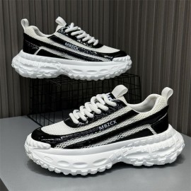 Men'S Breathable Mesh Fabric Sneakers - Lightweight, Comfortable Low-Top Dad Shoes with Thick Rubber Sole for Summer Casual Wear, White & Black Design, Breathable Shoes | Stylish Dad Shoes | Comfortable Footwear