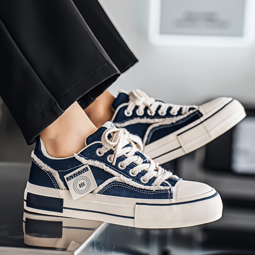 Men's and Women's Low-top Sneakers-  Thick-soled Casual Shoes, PU/Fabric Upper, White and Black Colorway, Round Toe and Arch Support- All-season Outdoor/Office/Daily Wear- Minimalist White Lace-up with Cushioned EVA Insole- Unisex Low-top S