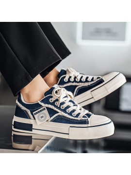 Men's and Women's Low-top Sneakers-  Thick-soled Casual Shoes, PU/Fabric Upper, White and Black Colorway, Round Toe and Arch Support- All-season Outdoor/Office/Daily Wear- Minimalist White Lace-up with Cushioned EVA Insole- Unisex Low-top S