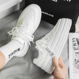 Men'S & Women'S Chunky Platform Sneakers - Low-Top White Faux Cover Lace-Up Chunky Platform Shoes with Cushioned PVC Sole, Minimalist Round-Toe Design & Arch Support - Casual Casual Attire, Versatile for Faux Denim & Dresses - Unisex Comfortable Sne