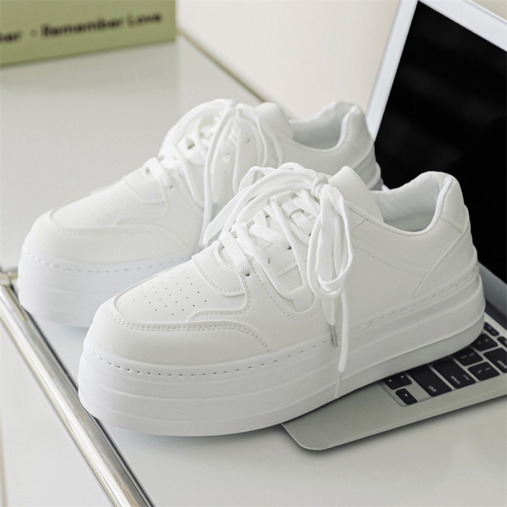 Men'S & Women'S Chunky Platform Sneakers - Low-Top White Faux Cover Lace-Up Chunky Platform Shoes with Cushioned PVC Sole, Minimalist Round-Toe Design & Arch Support - Casual Casual Attire, Versatile for Faux Denim & Dresses - Unisex Comfortable Sne