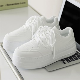 Men'S & Women'S Chunky Platform Sneakers - Low-Top White Faux Cover Lace-Up Chunky Platform Shoes with Cushioned PVC Sole, Minimalist Round-Toe Design & Arch Support - Casual Casual Attire, Versatile for Faux Denim & Dresses - Unisex Comfortable Sne