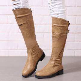 Large Size Women'S Long Boots | European American Style, Flat Round Toe, Low Block Heel, Rubber Upper and Sole