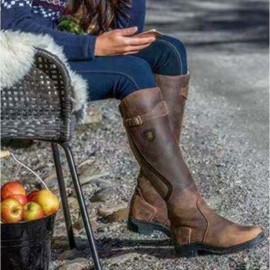 Large Size Women'S Long Boots | European American Style, Flat Round Toe, Low Block Heel, Rubber Upper and Sole