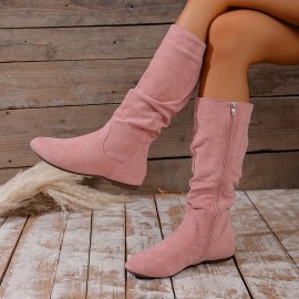 Christmas : Women'S Western-style Mid-calf Boots. Retro Round Toe, Flat Sole, Side Zipper. Soft Fabric Upper. Versatile Casual Winter Boots, Suitable For Skirts And Pants. Shipped Quickly From Local Warehouse.