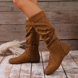 Christmas : Women'S Western-style Mid-calf Boots. Retro Round Toe, Flat Sole, Side Zipper. Soft Fabric Upper. Versatile Casual Winter Boots, Suitable For Skirts And Pants. Shipped Quickly From Local Warehouse.