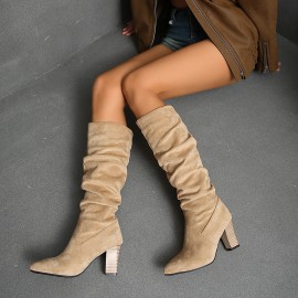 Womens High Heel Boots Pointed Toe Knee High Slouch Boots Pleated Detail | Winter Fashion, Block Heel, Slip-on Closure, Plush Lined, Women Shoes