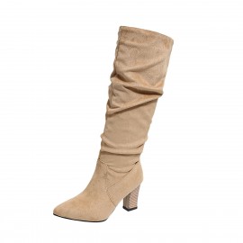 Womens High Heel Boots Pointed Toe Knee High Slouch Boots Pleated Detail | Winter Fashion, Block Heel, Slip-on Closure, Plush Lined, Women Shoes