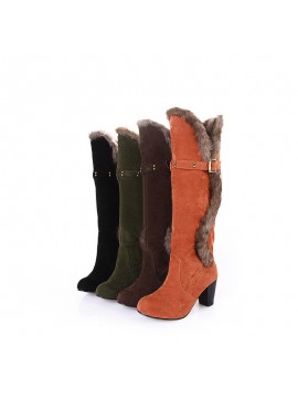 New Style Collar Thick Lined Boots Metal Buckle Fashion Snow Boots Thick High Heel Mid-Calf Boots, Women Shoes