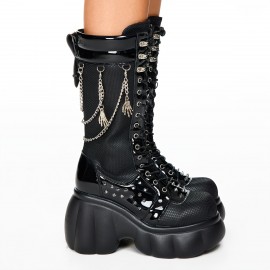 Women's Chunky Platform Combat Boots with Studded & Chain Details - Lace-Up & Zipper Round-Toe Ankle Booties, Thick Heel Motorcycle Boots Suitable for Riding, Casual & Edgy Outfits, Women Shoes