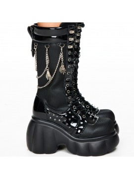 Women's Chunky Platform Combat Boots with Studded & Chain Details - Lace-Up & Zipper Round-Toe Ankle Booties, Thick Heel Motorcycle Boots Suitable for Riding, Casual & Edgy Outfits, Women Shoes