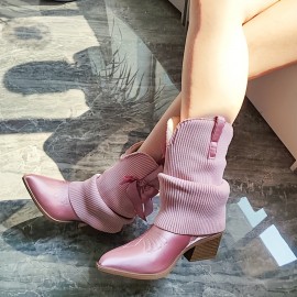 Ladies' Sweet Western-style Pointed Toe Chunky Heel Ankle Boots | Pastel-colored, Zipper Closure, Elegant Solid Color, Spring Season Dress Shoes