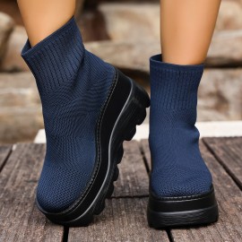 Women Stretch Knit Boots | Wedge Heel Platform Sole Comfort Ankle Boots Easy Wear Pull On Boots, Solid Color, Block Heel, Slip-on Closure, Round Toe, EVA Upper, PVC Inner, Rubber Sole