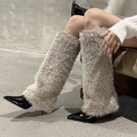 Winter White Knee-High Boots | Women'S Pointed Toe Heeled Boots, New European American Style, Furry Warm, Zipper Closure, High Stiletto Heel, Fabric Upper and Inner, Sole, Plush