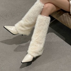 Winter White Knee-High Boots | Women'S Pointed Toe Heeled Boots, New European American Style, Furry Warm, Zipper Closure, High Stiletto Heel, Fabric Upper and Inner, Sole, Plush