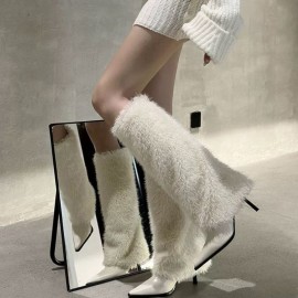 Winter White Knee-High Boots | Women'S Pointed Toe Heeled Boots, New European American Style, Furry Warm, Zipper Closure, High Stiletto Heel, Fabric Upper and Inner, Sole, Plush