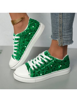 Women's Round-toe Lace-up Green Glitter Espadrilles
