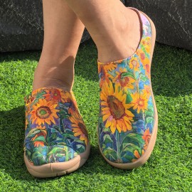 Women'S Sunflower Print Casual Sneakers - Vibrant Floral Design, Orange Base Color, Lightweight Fabric Upper, PU Sole, Comfortable All-Season Shoes for Casual Attire, Versatile Slipons|Casual Women'S Shoes|Comfortable Wear