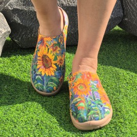 Women'S Sunflower Print Casual Sneakers - Vibrant Floral Design, Orange Base Color, Lightweight Fabric Upper, PU Sole, Comfortable All-Season Shoes for Casual Attire, Versatile Slipons|Casual Women'S Shoes|Comfortable Wear