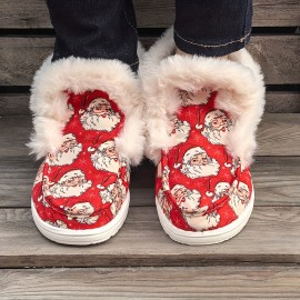 Women's Winter Warm Slippers with Santa Print - Cozy Fluffy Shoe Suitable for Plus Size, Soft Round-Toe Casual Christmas & Weather Footwear, Hand/Dry Cleanable Fabric Upper & TPR Sole (Ideal Gift), Women Shoes