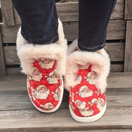 Women's Winter Warm Slippers with Santa Print - Cozy Fluffy Shoe Suitable for Plus Size, Soft Round-Toe Casual Christmas & Weather Footwear, Hand/Dry Cleanable Fabric Upper & TPR Sole (Ideal Gift), Women Shoes