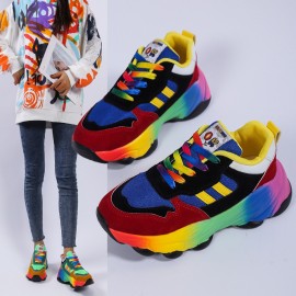 Plus Size Women'S Fashion Sneakers | Breathable Knit Lace-Up Shoes with Colorful Platform Sole, Round Toe, All-season, Sports Style, EVA Upper, Mesh Inner, EVA Insole, Rubber Sole