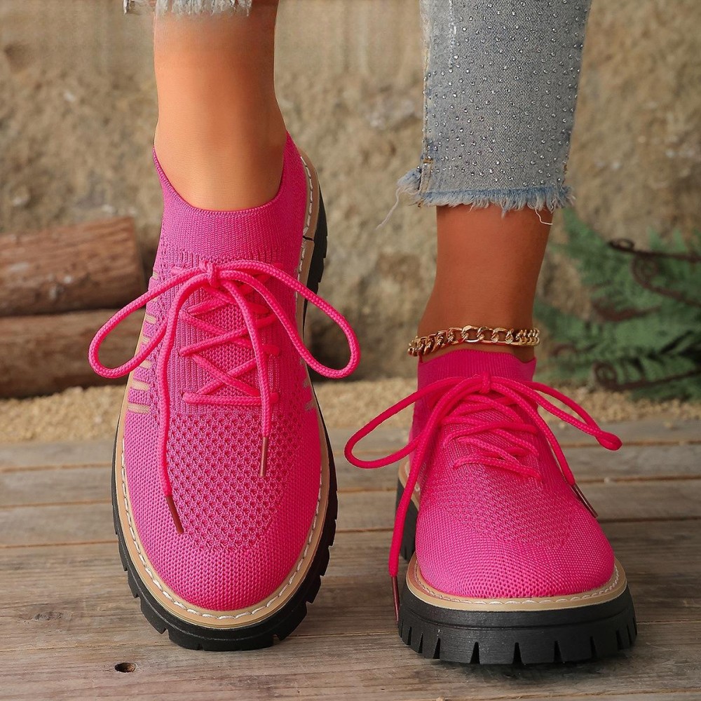 Round Toe Front Lace-Up Flats for Women, Casual Knitted Breathable Multi-Color Shoes, Women Shoes