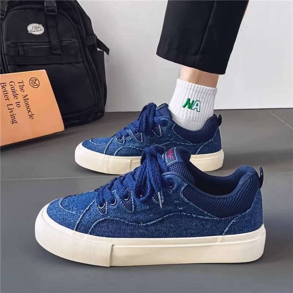 Men'S Retro Cloud Height-Increasing Sneakers - Breathable Mid-Top Casual Shoes with Arch Support, Cushioned PVC Insole & Striped Faux Cover Upper - Blue & Design for Outdoor, Daily Wear, Spring/Fall - Comfortable Round-Toe Lift Shoes for Men