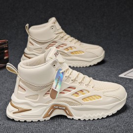 New Men'S High-top Dad Sneakers | Thick-soled, Breathable Mesh, Trendy Versatile Casual Shoes, and PVC Upper, Lace Closure, Spring/Fall Season