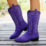 Fashion New Style Women's Chunky High-heeled Mid-calf Boots, New Slip-on Closure Embroidered Double-ear Pointed Toe Western Style Ethnic Style Boots, Women's Shoes with V-shaped Cut, Women Shoes