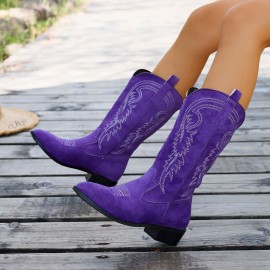 Fashion New Style Women's Chunky High-heeled Mid-calf Boots, New Slip-on Closure Embroidered Double-ear Pointed Toe Western Style Ethnic Style Boots, Women's Shoes with V-shaped Cut, Women Shoes