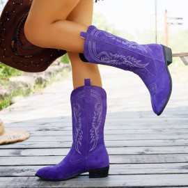 Fashion New Style Women's Chunky High-heeled Mid-calf Boots, New Slip-on Closure Embroidered Double-ear Pointed Toe Western Style Ethnic Style Boots, Women's Shoes with V-shaped Cut, Women Shoes