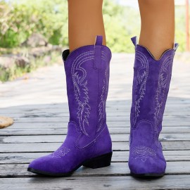 Fashion New Style Women's Chunky High-heeled Mid-calf Boots, New Slip-on Closure Embroidered Double-ear Pointed Toe Western Style Ethnic Style Boots, Women's Shoes with V-shaped Cut, Women Shoes