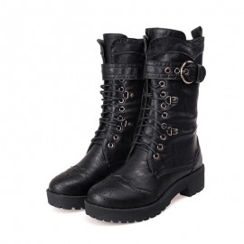 Women'S Mid Calf Boots | Motorcycle and Combat Style, Lace Up Strap, Adjustable, Casual Western Fashion with Platform Heel and Zipper Closure