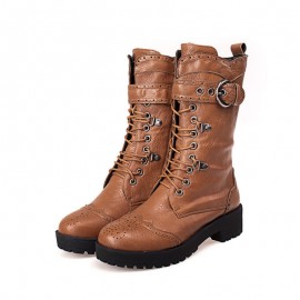 Women'S Mid Calf Boots | Motorcycle and Combat Style, Lace Up Strap, Adjustable, Casual Western Fashion with Platform Heel and Zipper Closure