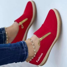 Large Size Zipper Style Casual Women'S Shoes | Spring and Autumn Solid Color Platform Sole Hemp Rope Shoes with Round Toe, Canvas Upper, Fabric Lining, Women Shoes